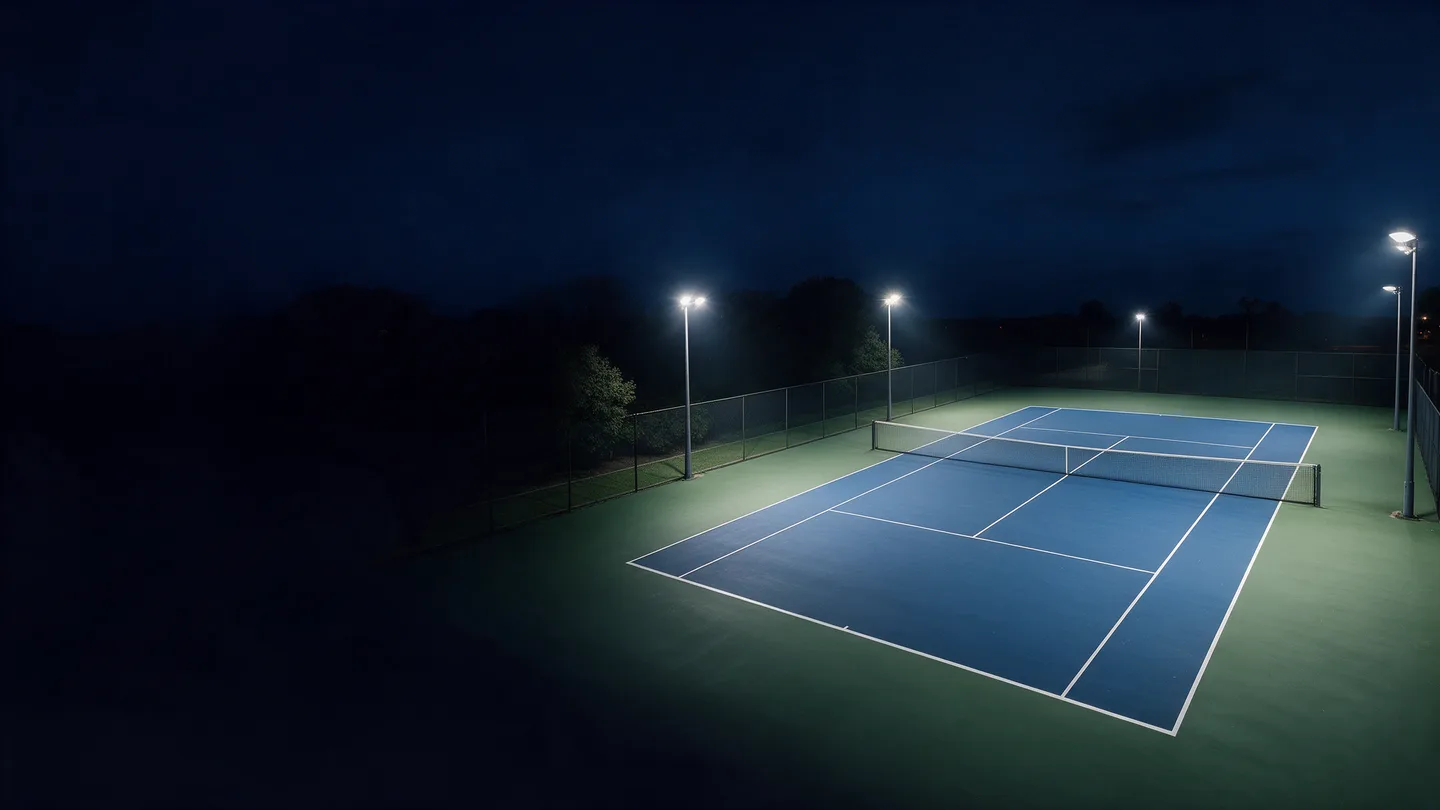Visualisation d’un court de tennis bleu éclairé la nuit, avec son filet central.